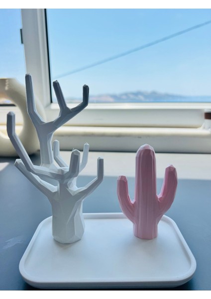 Kaktüs Tasarımlı Takı Askısı, Pembe ve Beyaz, Düzenli ve Şık Organizer