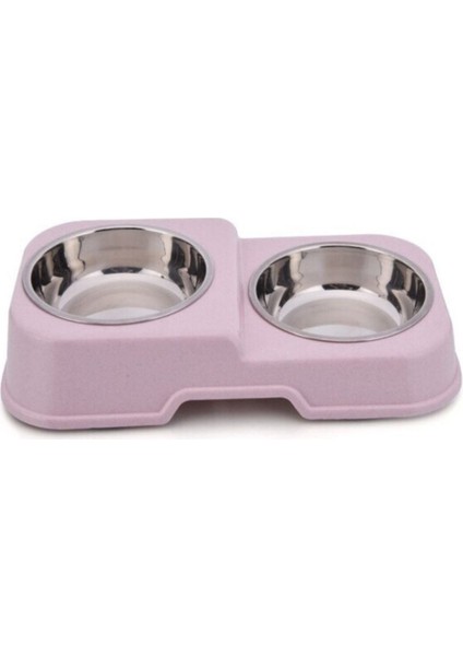Pembe ve Gri Renkli, Dayanıklı Çelik Malzemeli Kedi ve Köpek Mama-Su Kabı