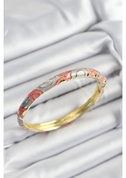 Mineli Pirinç Gri ve Pembe Sarmal Motifli Gold Renk Kadın Kelepçe