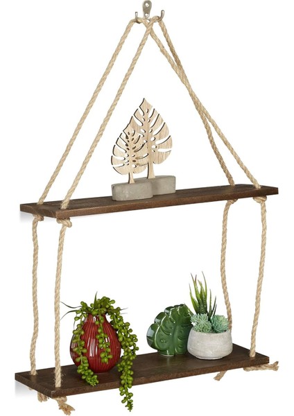 Doğal Ahşap Jüt Halatlı Ikili Duvar Rafı 11X50 Cm, Dekoratif ve Şık Tasarım