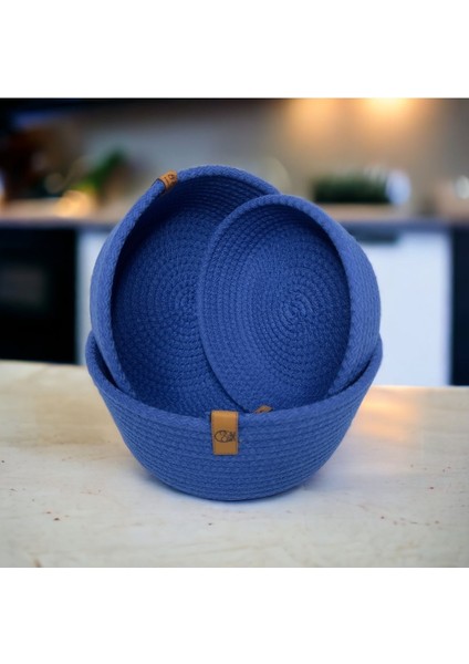 El Yapımı 3'lü Hasır Sepet, Çok Amaçlı ve Şık Organizer Seti, Lacivert Renkli