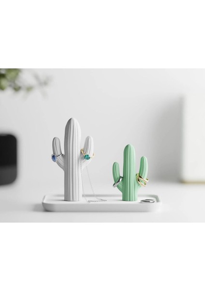 Şık Kaktüs Temalı Takı ve Yüzük Standı, 20X13 Cm, Beyaz