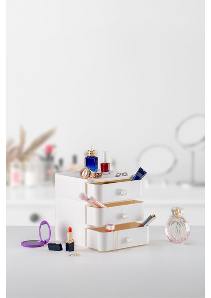 3 Katlı Çok Amaçlı Organizer, Makyaj ve Ofis Düzenleyici, Beyaz Renk