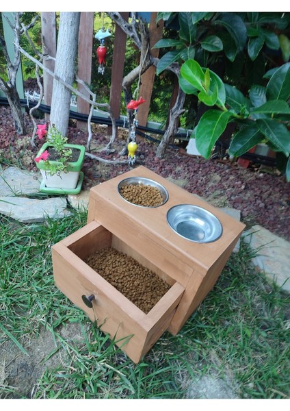 Kedi Mama ve Su Kabı, Doğal Masif Ahşap Lamine Panel, Şık ve Kullanışlı Tasarım