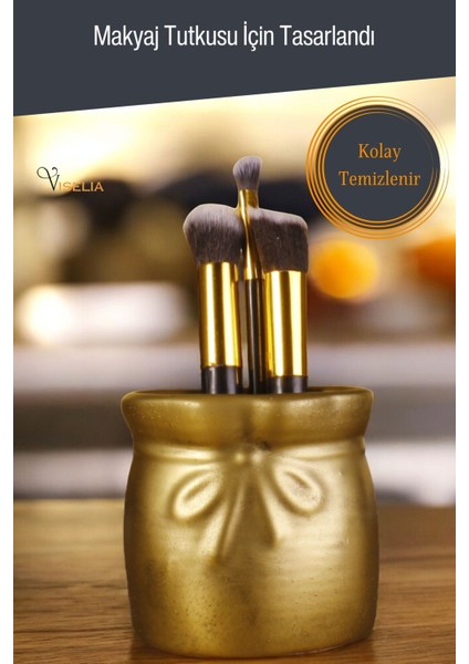 Altın Eskitme Makyaj Organizeri ve Fırça Tutucu, Şık ve Kullanışlı Tasarım indirimleri