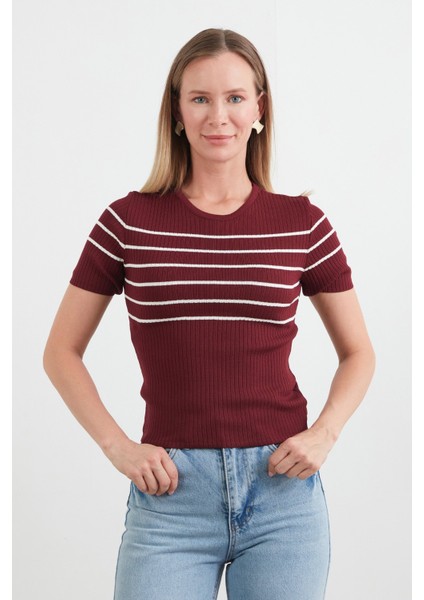Çizgili Fitilli Bisiklet Yaka Triko Bluz