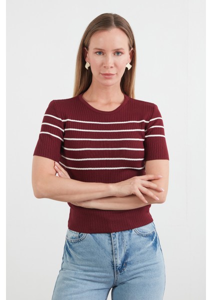 Çizgili Fitilli Bisiklet Yaka Triko Bluz modelleri