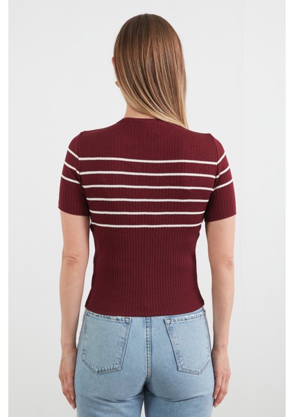 Çizgili Fitilli Bisiklet Yaka Triko Bluz fırsatları