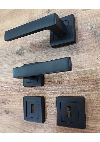 Kare Rozetli Mat Siyah Kapı Kolu Takımı, 2 Adet, Ön ve Arka Yüzeyli