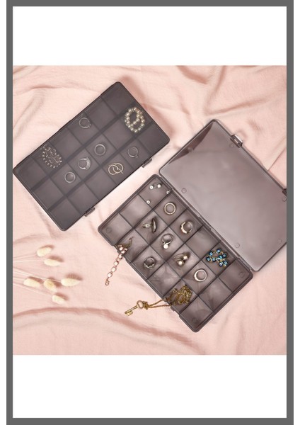 Gri 18 Bölmeli Kapaklı Takı ve Aksesuar Düzenleyici Kutusu