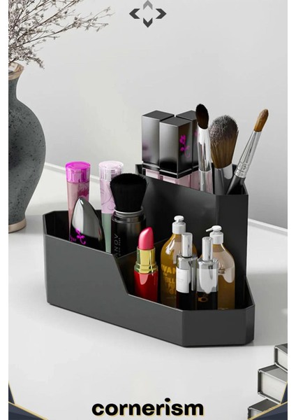 Çok Amaçlı 3 Bölmeli Köşe Organizeri, Makyaj ve Kalemlik Düzenleyici Siyah