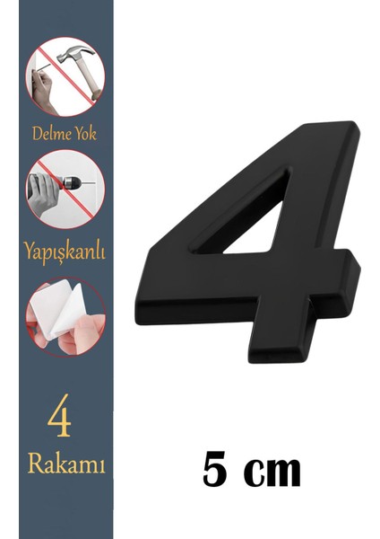 Yapışkanlı Küçük Boy Kapı Numarası, 4 Rakam, Siyah, 50 Mm, 1 Adet