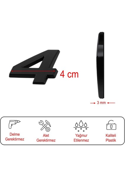 Yapışkanlı Küçük Boy Kapı Numarası, 4 Rakam, Siyah, 50 Mm, 1 Adet fırsatları