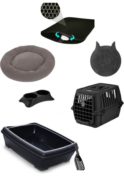 Siyah Kedi Başlangıç Seti, Tuvalet, Sepet, Tırmalama, Yatak ve Mama Kabı 100 Karakter