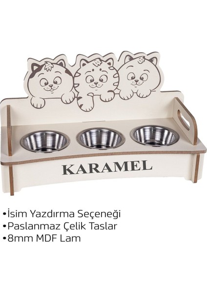Şık 3'lü Kedi Mama ve Su Kabı Seti, Çelik Tas, Bej Renk, Dayanıklı Tasarım