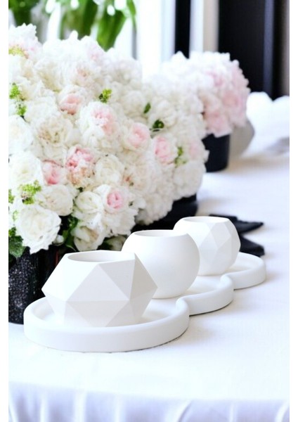 Beyaz Tabaklı Beton Mumluk ve Tealight Dekorasyon Seti (3'lü)