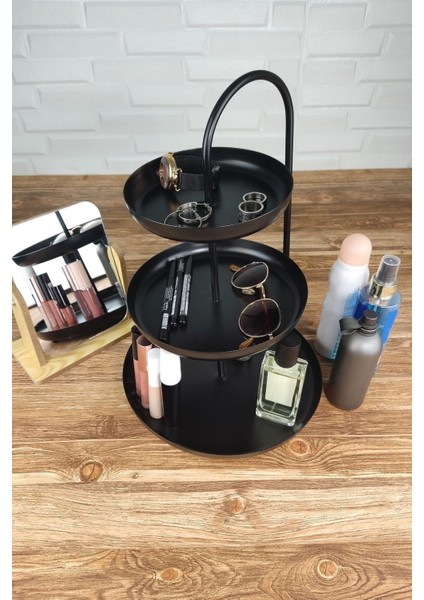 Üç Katlı Metal Takı ve Makyaj Organizeri Siyah, Şık ve Kullanışlı