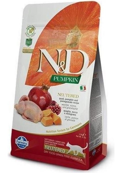 Tahılsız Bıldırcın Etli ve Bal Kabaklı Narlı Kısırlaştırılmış Kedi Maması 1.5 kg