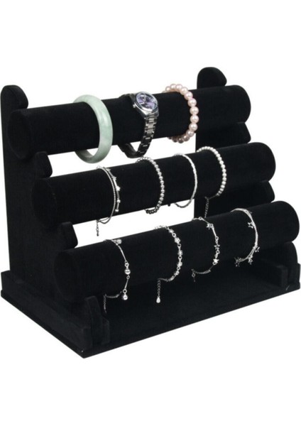 Üç Katlı Süet Stand, Saat, Bileklik, Takı Düzenleyici (Siyah)
