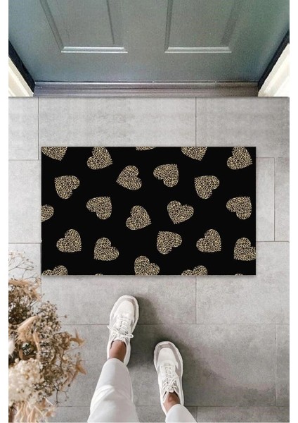 Siyah Kapı Önü Paspası Leopar Kalp Desen K-3246