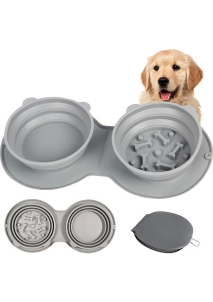 Iki Renkli, Katlanabilir Mama ve Su Kabı, Pratik Kullanım Için Ideal.