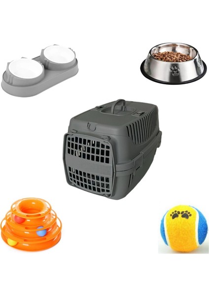 Gri Taşıma Çantası, Çelik ve Plastik Mama Kabı, 3 Katlı Kedi Oyuncağı ve Topu