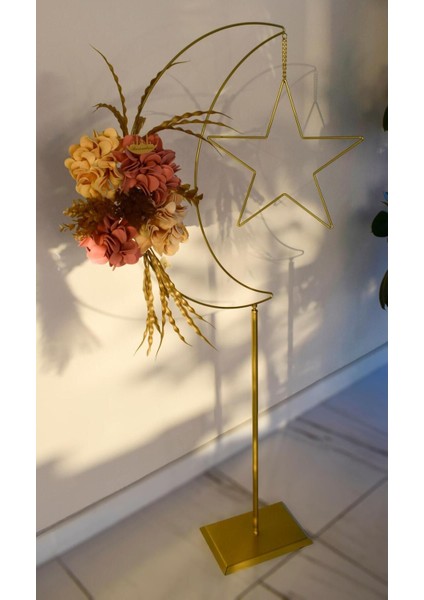 Ramazan Ayına Özel Büyük Bej ve Somon Renkli Çiçekli Dekoratif Hilal fiyatları