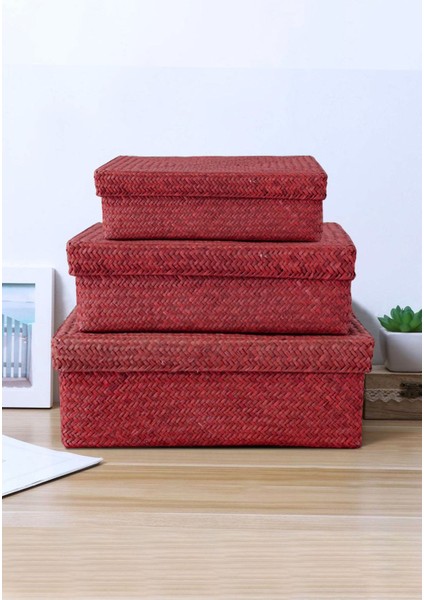 3 Adet Çok Amaçlı Hasır Sepet, Düzenleyici, Kırmızı, Pratik ve Şık Kullanım.