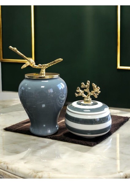 Şah Küp, Gri, Gold Dallı, Mercan Zamaklı, Klasik Zebra Dekoratif Obje