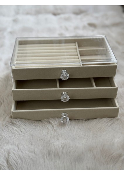 Şık 3 Çekmeceli Takı Kutusu, Gri Organizer, Düzenleyici ve Modern Tasarım