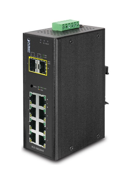 Endüstriyel Tip Yönetilebilir Switch (Industrial Managed Switch) 8-Port 10/100/1000BASE-T 2 x 1000BASE-SX/LX/BX Sfp/mini-Gbıc Yuva (Port-9 ve Port-10), 100BASE-FX Sfp UYUMLU IP30, -40~75 Derece C