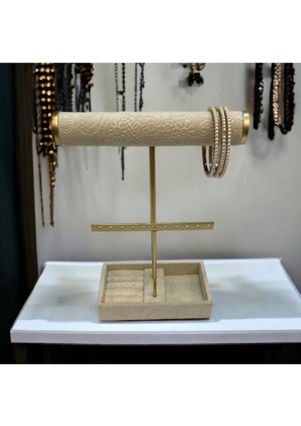 Bej Silindir Takı Standı, Küpeli ve Tabaklı, Şık ve Pratik Saklama Çözümü