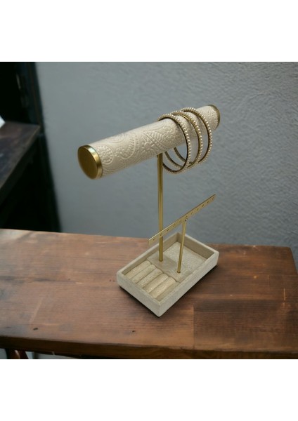 Bej Silindir Takı Standı, Küpeli ve Tabaklı, Şık ve Pratik Saklama Çözümü fiyatları