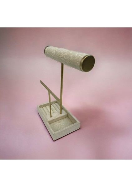 Bej Silindir Takı Standı, Küpeli ve Tabaklı, Şık ve Pratik Saklama Çözümü modelleri