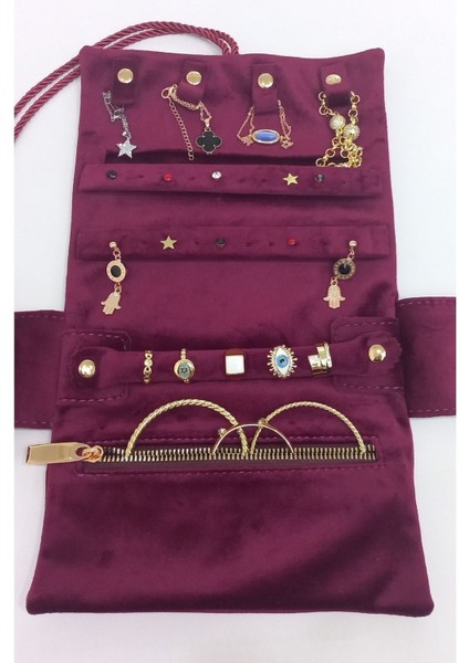 Katlanabilir Rulo Takı Çantası, Seyahat Için Şık ve Pratik Organizer (Bordo)