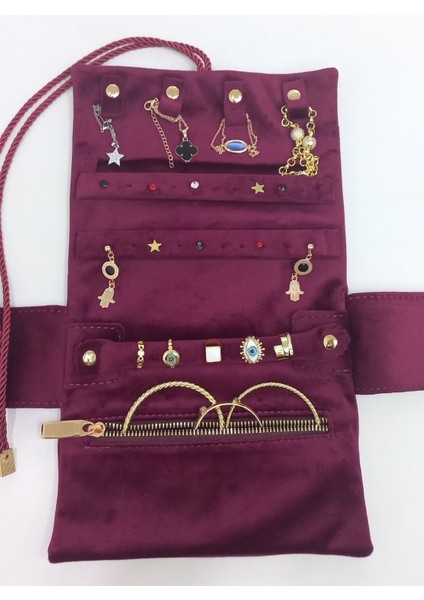 Katlanabilir Rulo Takı Çantası, Seyahat Için Şık ve Pratik Organizer (Bordo) modelleri