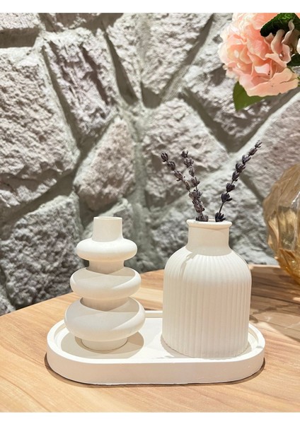 Beyaz Boyanabilir Dekoratif 3'lü Beton Vazo Seti, Stand ve Tepsili Şık Süs Eşyası