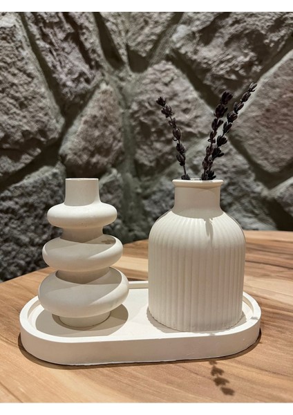 Beyaz Boyanabilir Dekoratif 3'lü Beton Vazo Seti, Stand ve Tepsili Şık Süs Eşyası fiyatları