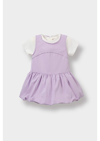 Kız Bebek 2'li Takım Basic Düz Kısa Kollu Tişört Paraşüt Elbise F8274A525SM