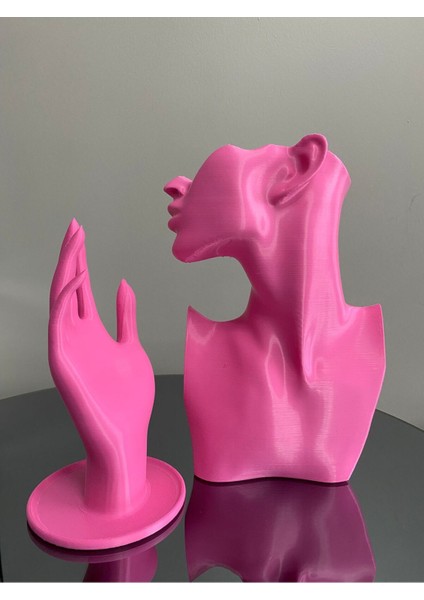 Pembe Renk Takı Mankeni ve El 2'li Set, 23 ve 18 cm Takı Teşhir Organizeri