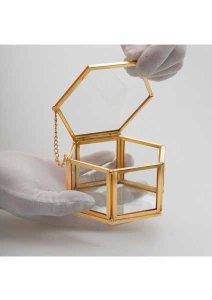 Kapaklı Cam Takı Yüzük Kutusu, Gold Pirinç, Düğün ve Nişan Organizasyonu