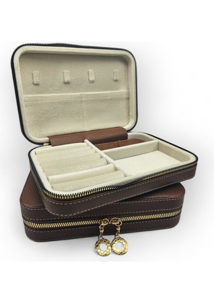 Büyük Boy Fermuarlı Takı ve Seyahat Çantası, Kahverengi, Hafif ve Şık Tasarım