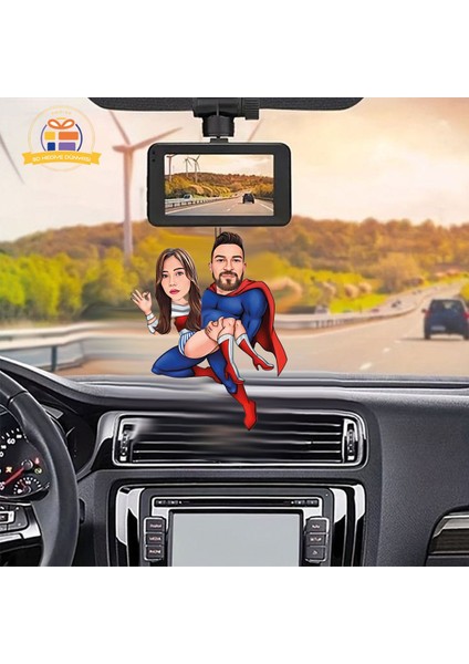 Çift Süper Kahramanlar Karikatürlü Araba Dikiz Aynası Süsü, Renkli ve Eğlenceli Tasarım