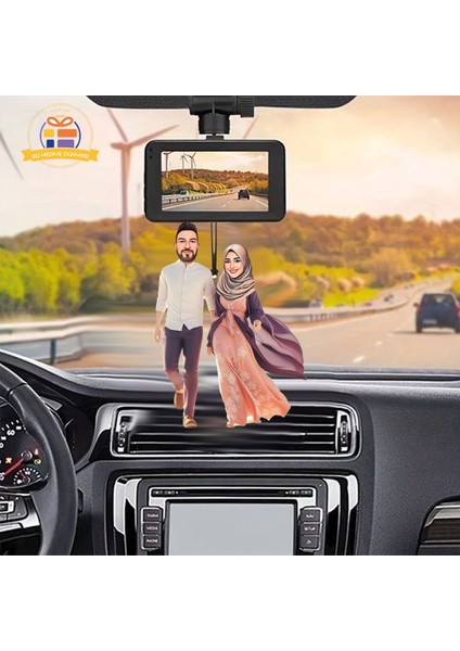 Renkli Tesettürlü Sevgili Karikatürlü Araba Dikiz Aynası Süsü