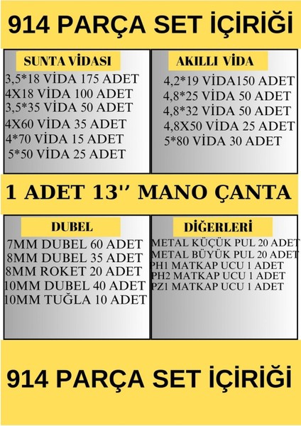 Vida Dübeli Takım 914 Parça, Çok Amaçlı ve Dayanıklı Takım Seti modelleri