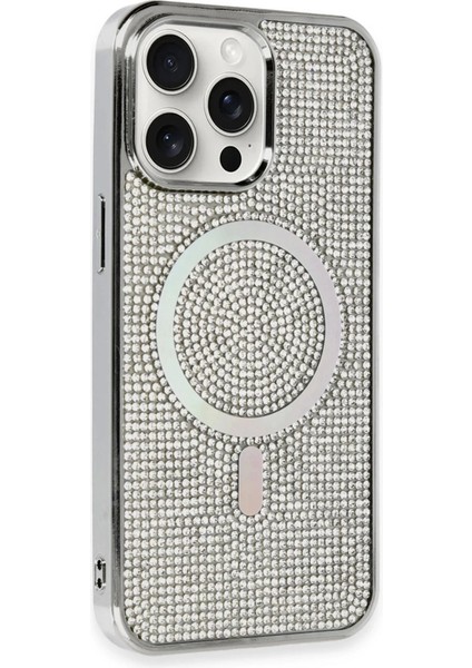 Newface iPhone 15 Pro Kılıf Diamond Magsafe Kapak - Gümüş