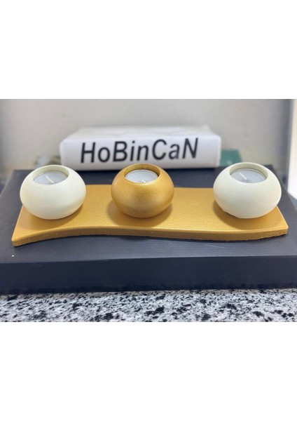 4 Parça Gold Tabaklı ve Krem Beton Mumluk Takımı, Şık Dekorasyon Parçası