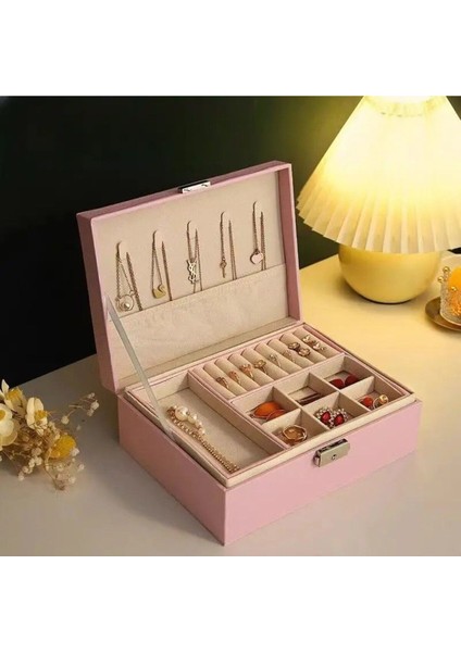 Pembe Büyük Boy Çok Bölmeli Takı ve Aksesuar Organizer Kutusu