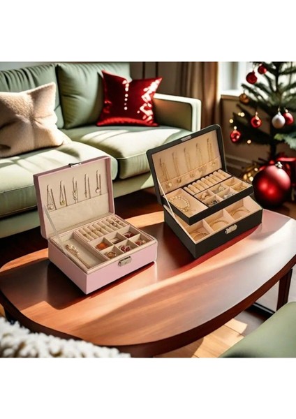 Pembe Büyük Boy Çok Bölmeli Takı ve Aksesuar Organizer Kutusu
