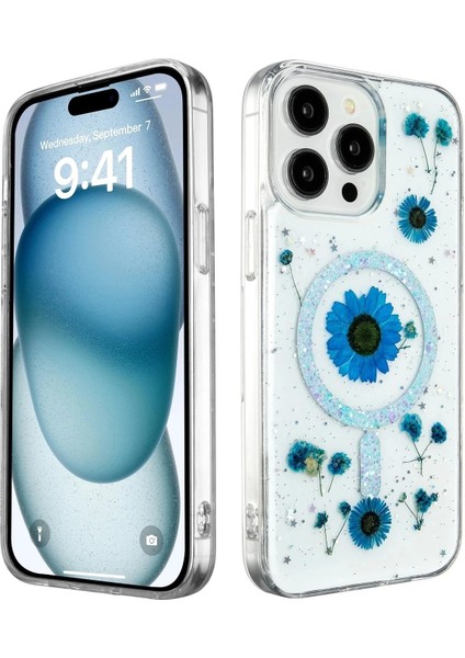 Newface iPhone 15 Pro Max Kılıf Daisy Simli Magsafe Kapak - Mavi